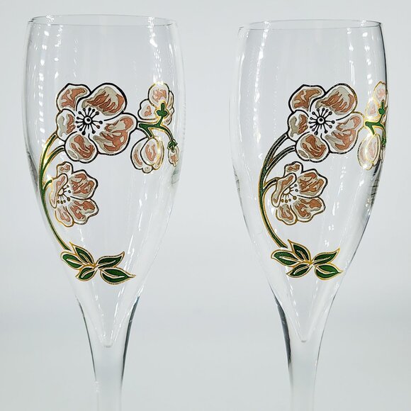 Vtg Perrier Jouet Hand Painted 7.5" Floral Champagne Flutes/Glasses, Pair of 2 - Picture 4 of 6
